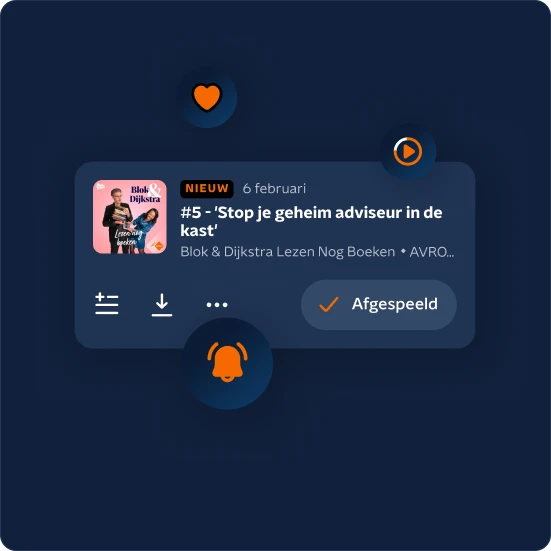 Een podcastaflevering van Blok & Dijkstra in de app, gemarkeerd als afgespeeld, met iconen voor opslaan, melding en afspelen