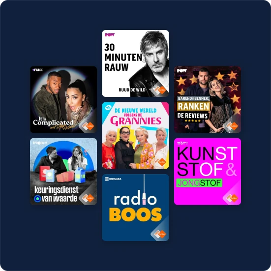 Een selectie van zeven podcast-omslagen in de app, waaronder 30 Minuten Rauw, Radio Boos en Keuringsdienst van Waarde