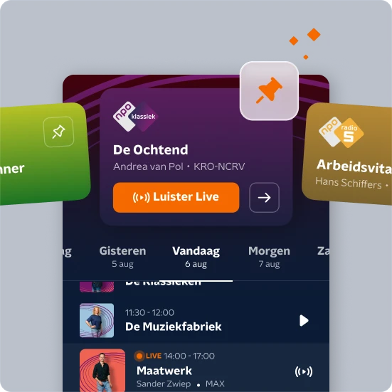 Drie kaartjes van NPO-radiozenders in de app, met een luister live-knop voor NPO Klassiek